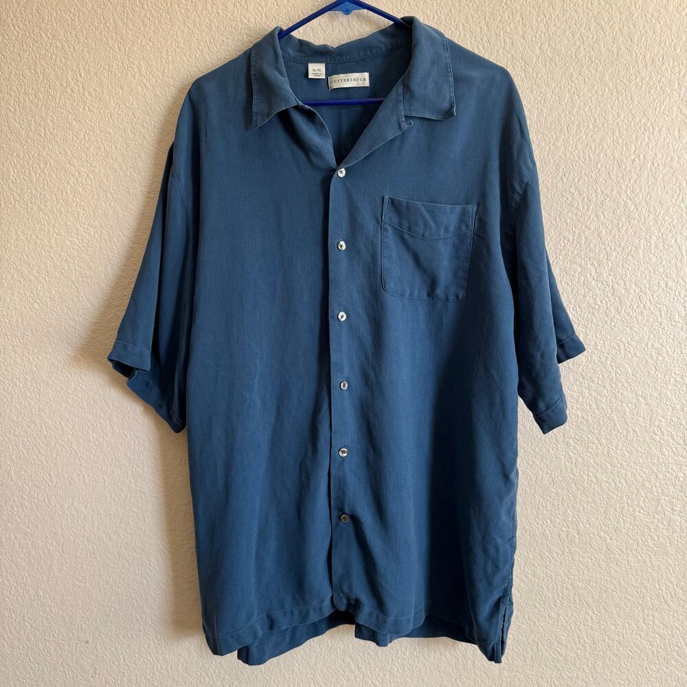 Cutter‎ & Buck 100% Silk Button Down Short Sleeve Camp Shirt Blue Men Size XL